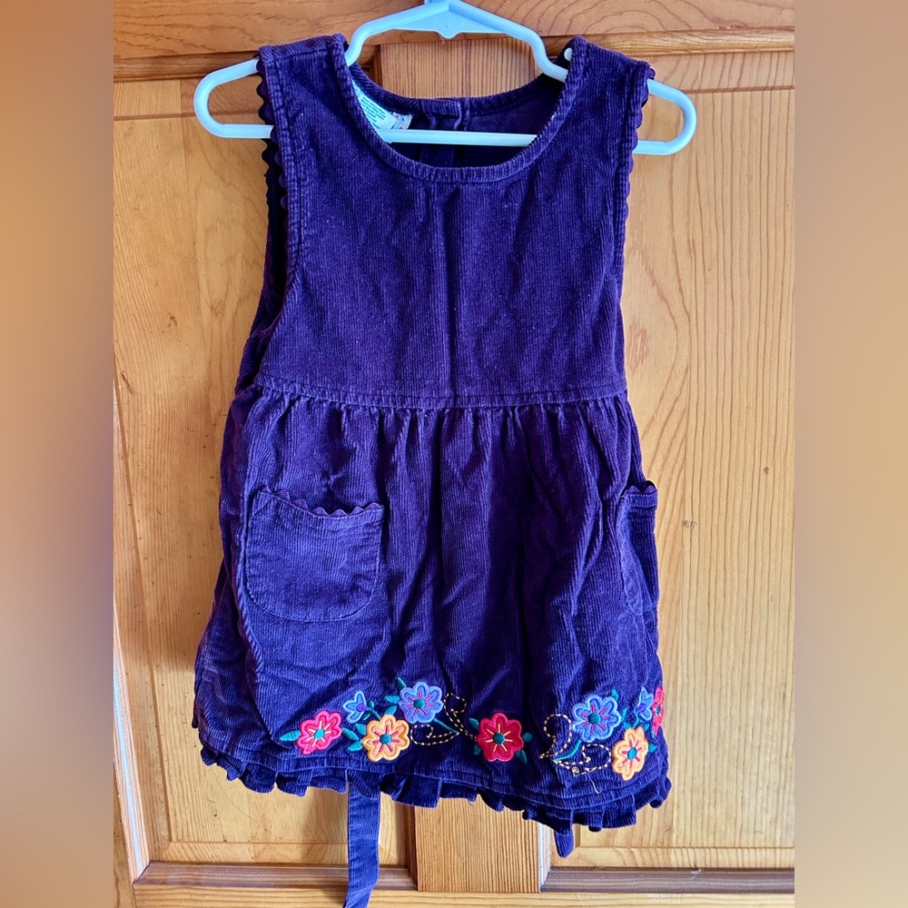 Purple Kids corduroy Dress with Floral Embroidery